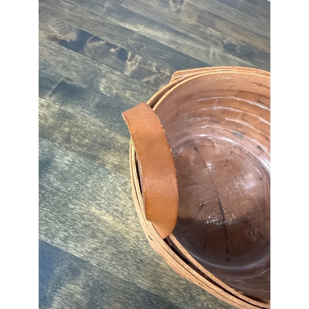 Longaberger 1991 Handwoven Round Basket with Leather Handles and Plastic Liner